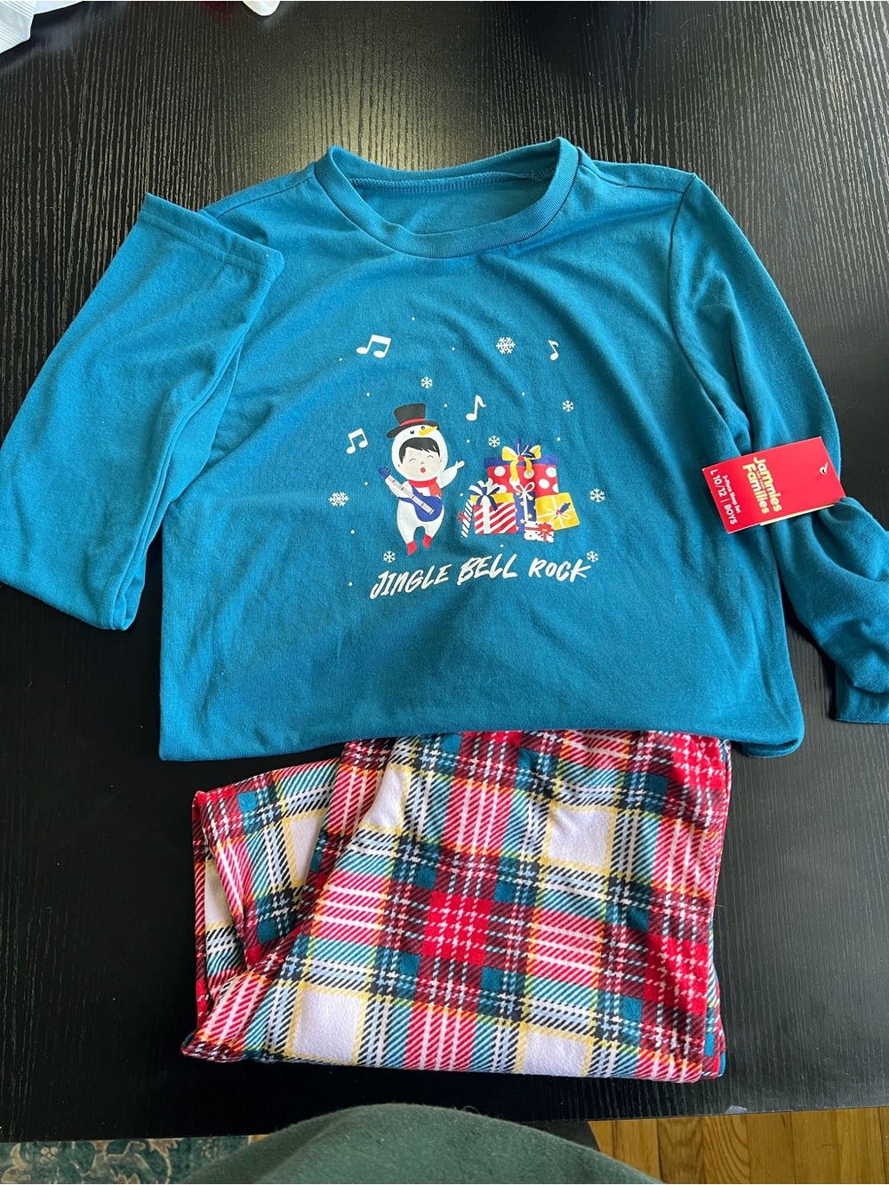 Kids' Teal 'Jingle Bell Rock' Pajama Set with Festive Plaid Pants